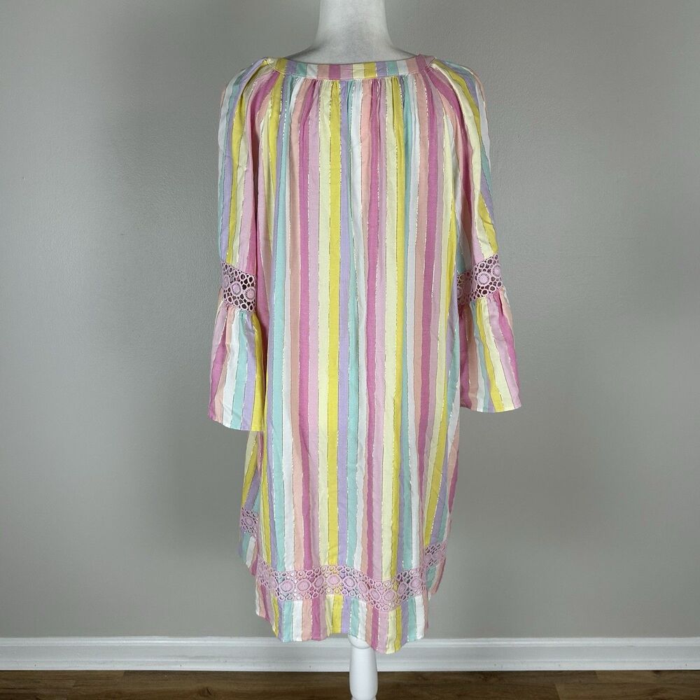 Crown & Ivy 2X Women’s Striped V-Neck Short Dress Ruffle Beach Lace Embroidered - Picture 2 of 4